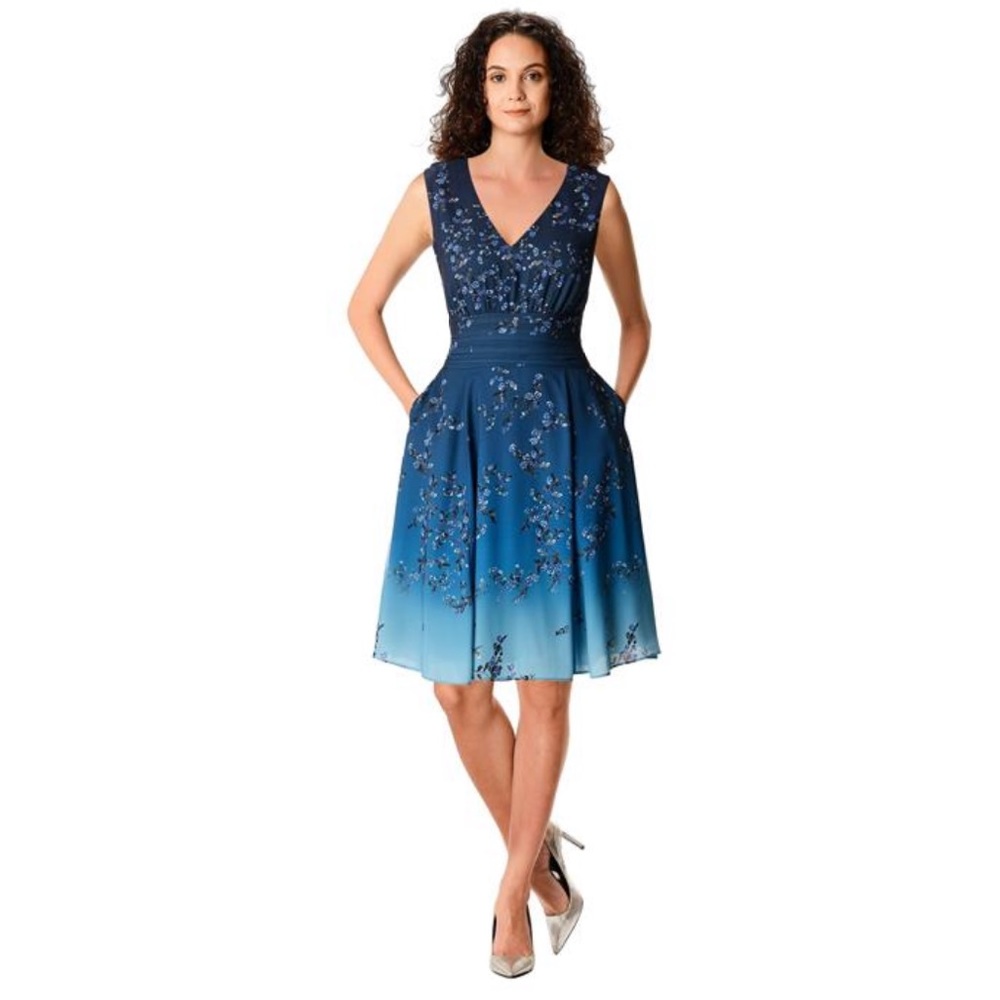 Ombre floral print pleated empire crepe dress